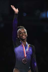 Thomas waves during the awards ceremony of the P&G Gymnastics Championships at Honda Center on August 20, 2017 in Anaheim, California. (Photo by Sean M. Haffey/Getty Images)